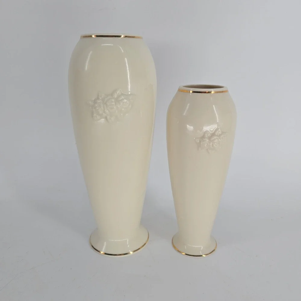 Vintage Lenox Ivory Rose Vases Pair Gold Trim French Country Decor